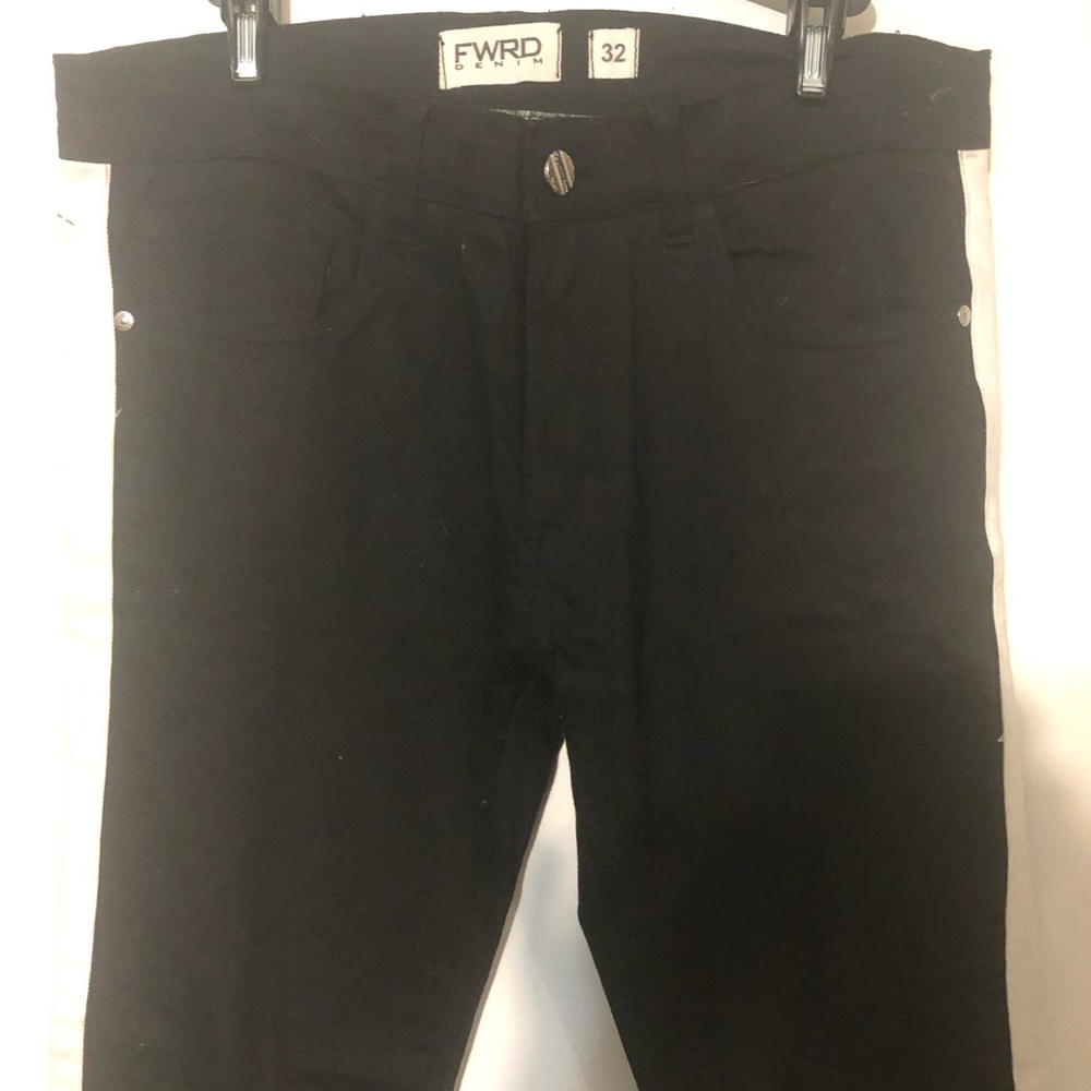 Men’s, FWRD DENIM, black jean with white stripe.
